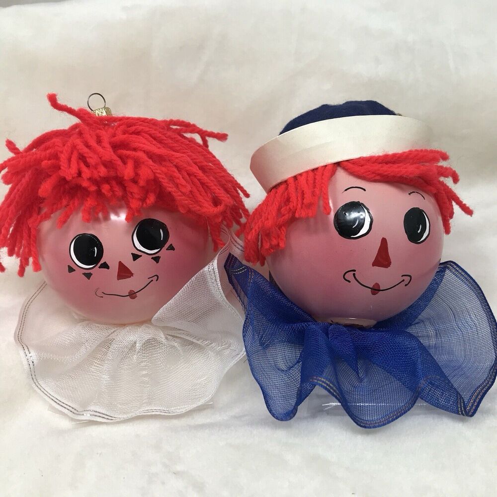 Vintage Raggedy Ann & Andy Glass Ball Christmas Ornaments Made Italy Set of 2